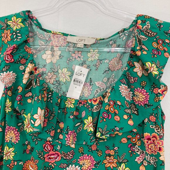 New LOFT size 6 Green Colorful Floral Feminine Belted Romantic Midi Dress - Picture 3 of 12